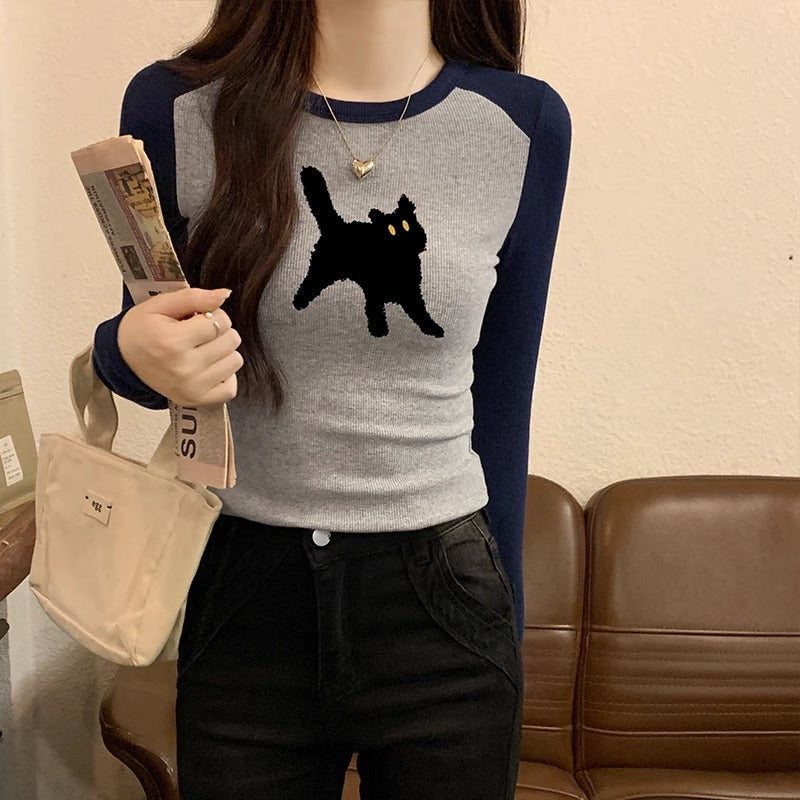 Women's Printed Color-Block Long-Sleeve Slim Top