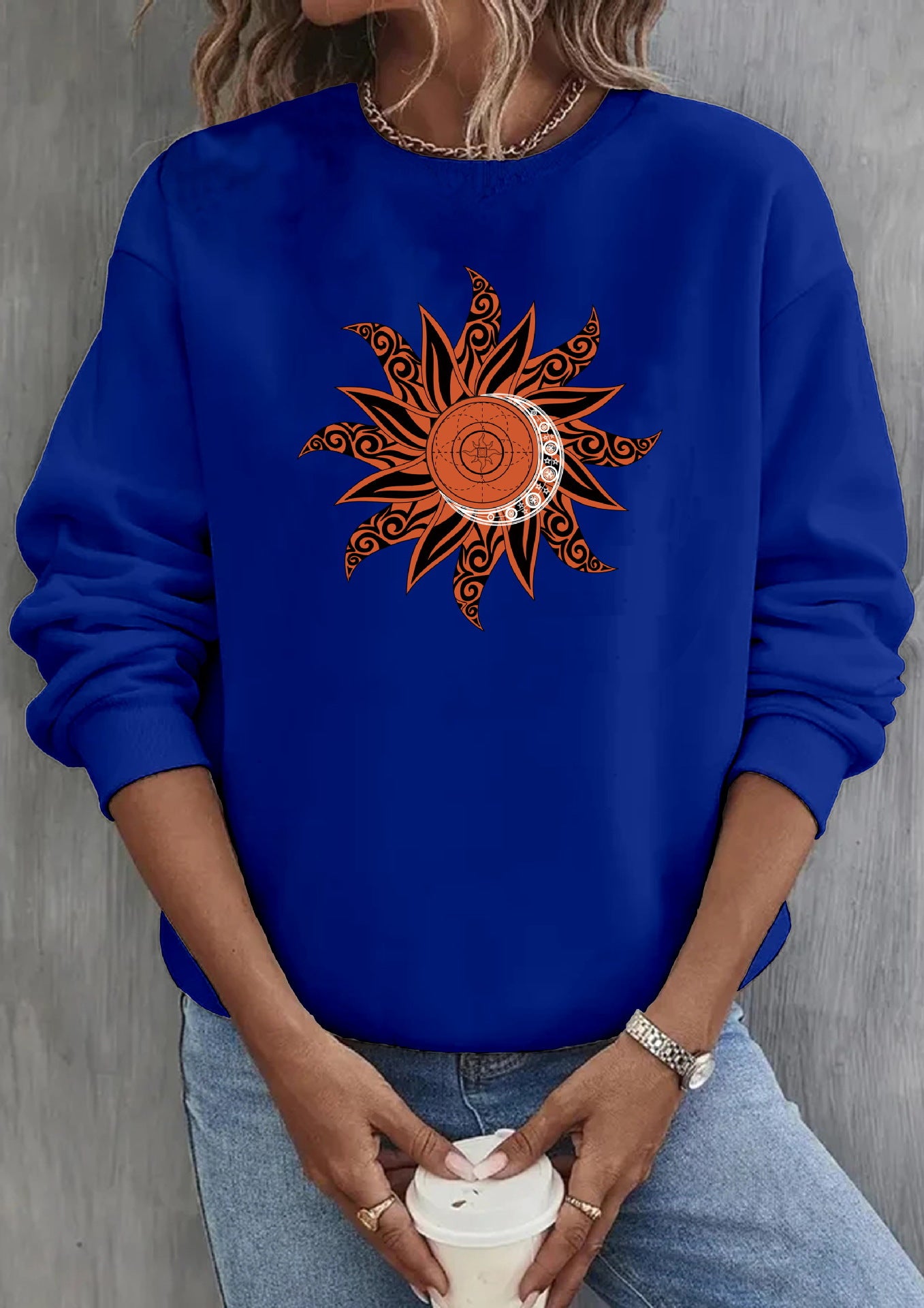 Cute Sun Print Casual Round Neck Pullover Sweater
