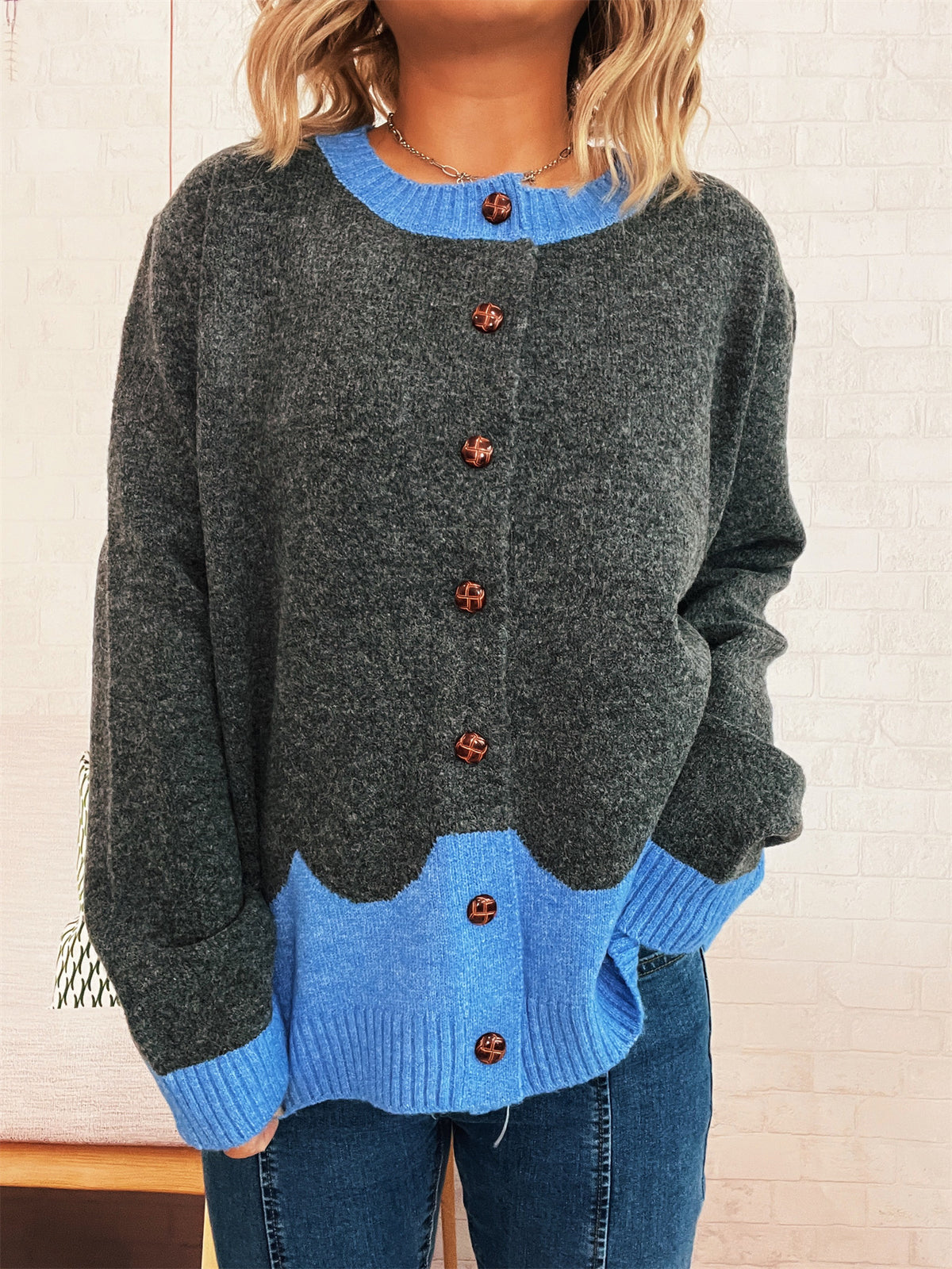 Color Effect Collar Single-breasted Casual Loose Knitted Cardigan Casual Sweater