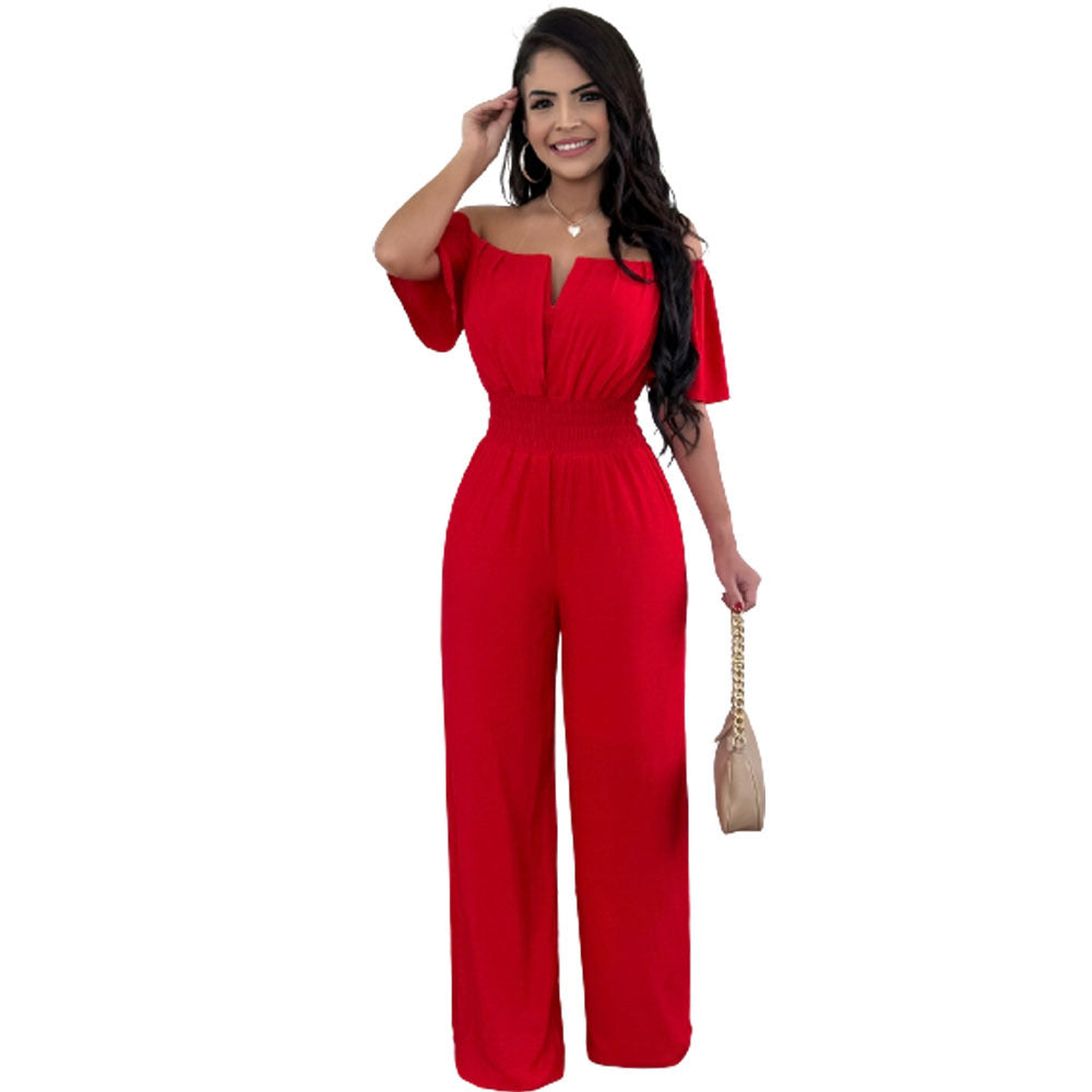 Chic Off-Shoulder Waist-Trimming Straight Jumpsuit