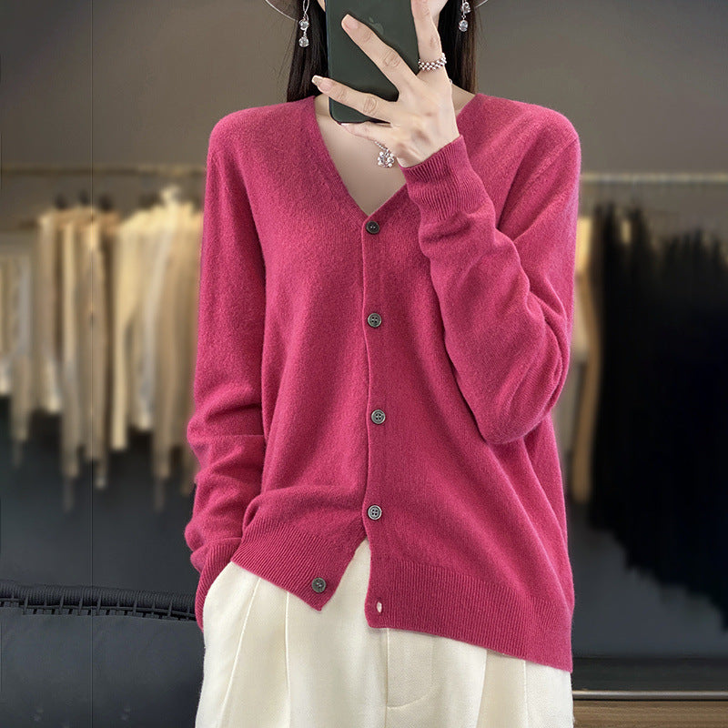 Womens Wool Cardigan Long-sleeve V-neck Sweater Coat