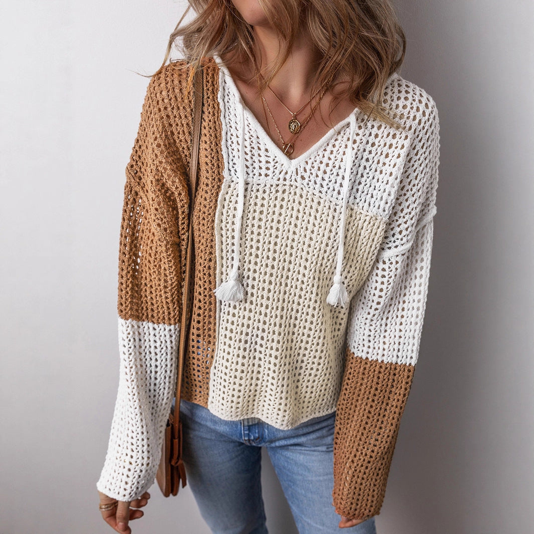 European and American Leisure Style Color Matching Hollow Out Sweater