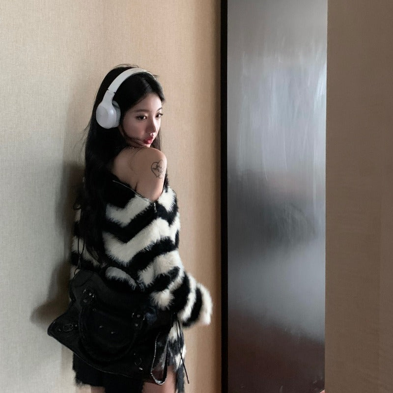Cozy Striped Plush Pullover Zipper Sweater