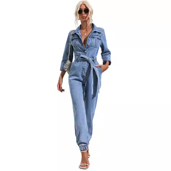 Chic Women's Denim Jumpsuit Long Sleeve Casual Romper