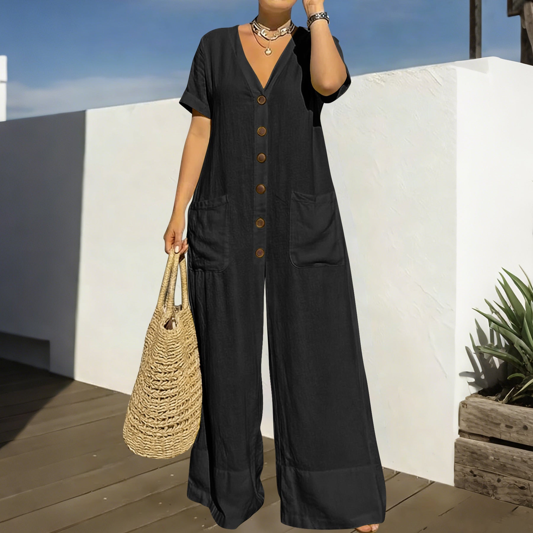 Plus Size Casual V-Neck Button Wide-Leg Jumpsuit