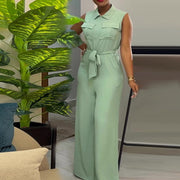 Sleeveless Wide Leg Jumpsuit with Pocket & Waist Trimming