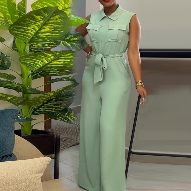 Sleeveless Wide Leg Jumpsuit with Pocket & Waist Trimming