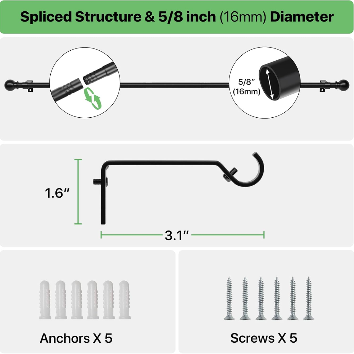 Curtain Rods for Windows 28 to 48 Inch, Black Curtain Rod Set with Brackets, Splicing Adjustable Metal Drapery Rod for Bedroom, Kitchen, Living Room, Matte Black