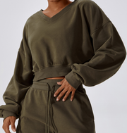 Women's Outdoor Keep Warm V-neck Pullover Leisure Loose Long Sleeve Sweatshirt