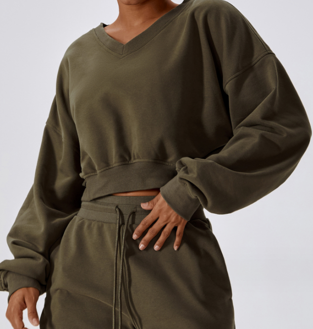 Women's Outdoor Keep Warm V-neck Pullover Leisure Loose Long Sleeve Sweatshirt