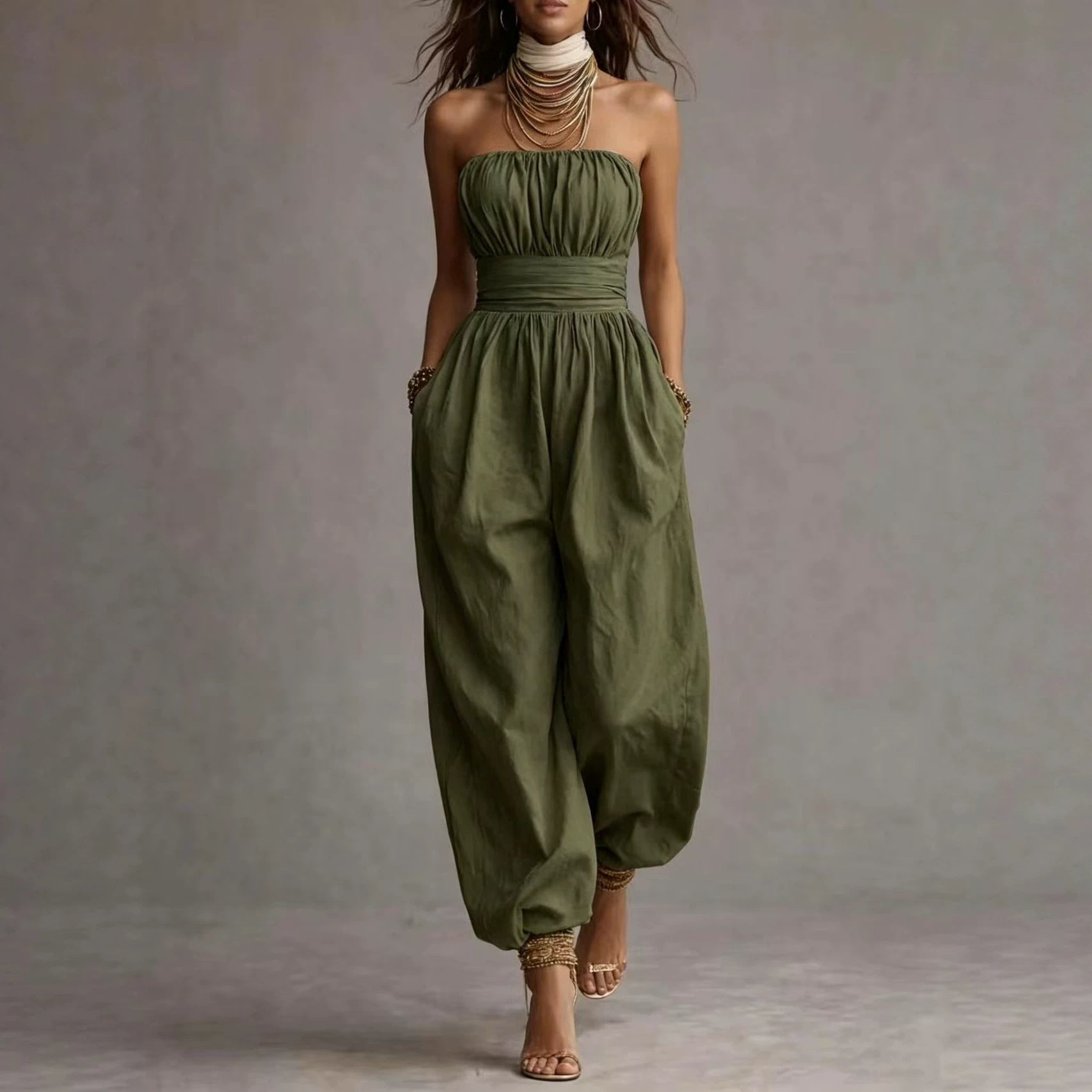 Linen-cotton Strapless Balloon-leg Jumpsuit