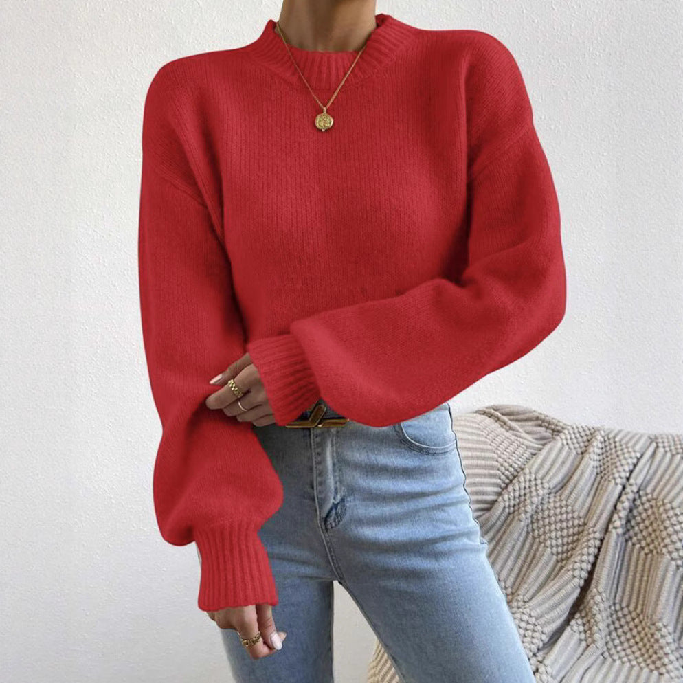 Pure Color Half Collar Leisure Pullover Sweater Women's Long-sleeved Sweater