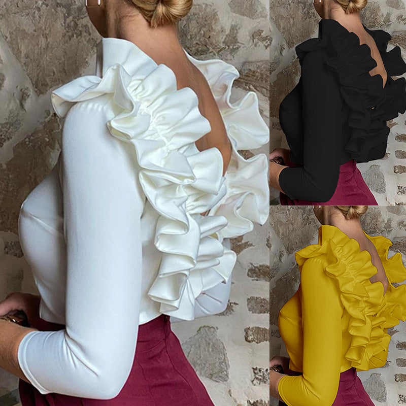 Elegant Ruffle Neck Women's Top Sexy Chic Blouse