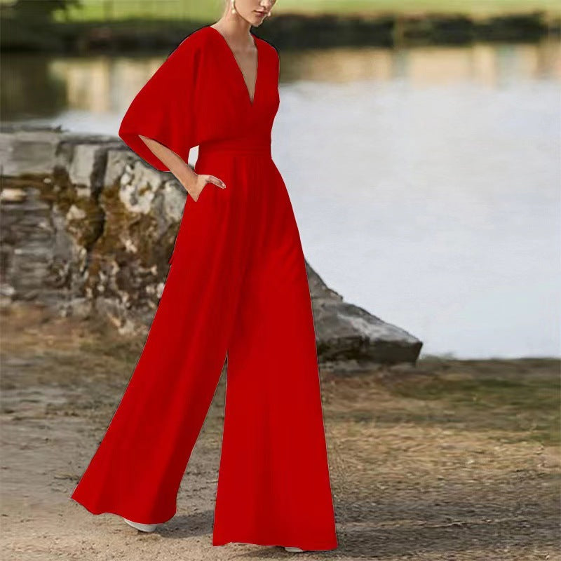 Elegant Solid Wide-Leg Chinese Style Jumpsuit