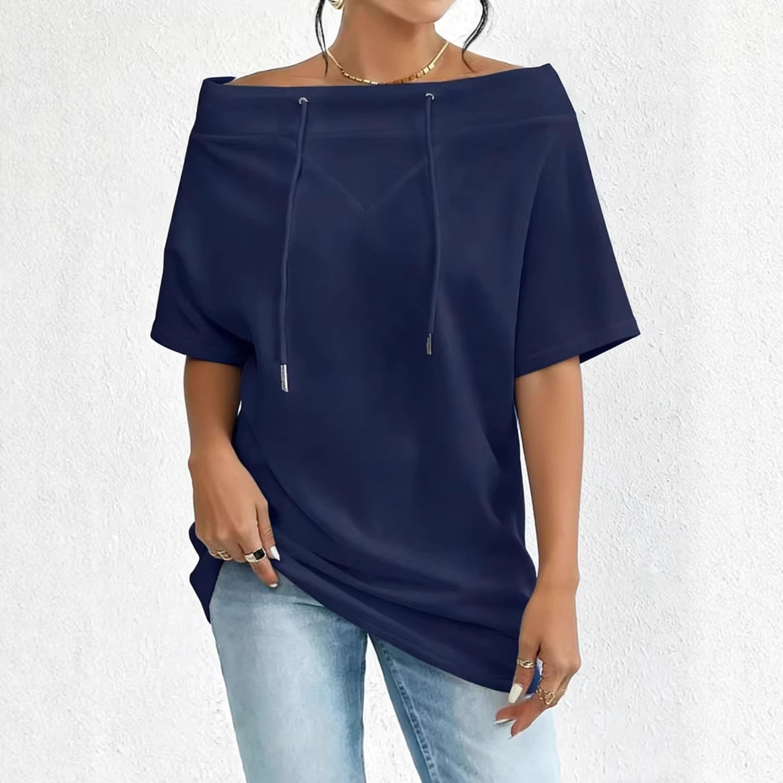 Loose-Fit Off-Shoulder Top with Drawstring Hem