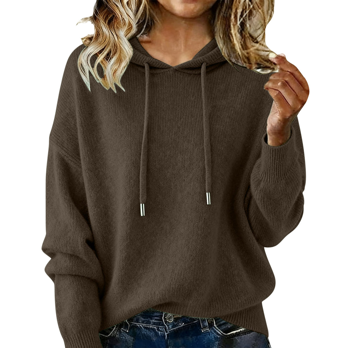 Womens Fashion Solid-color Loose Soft Hoodie with Drawstring