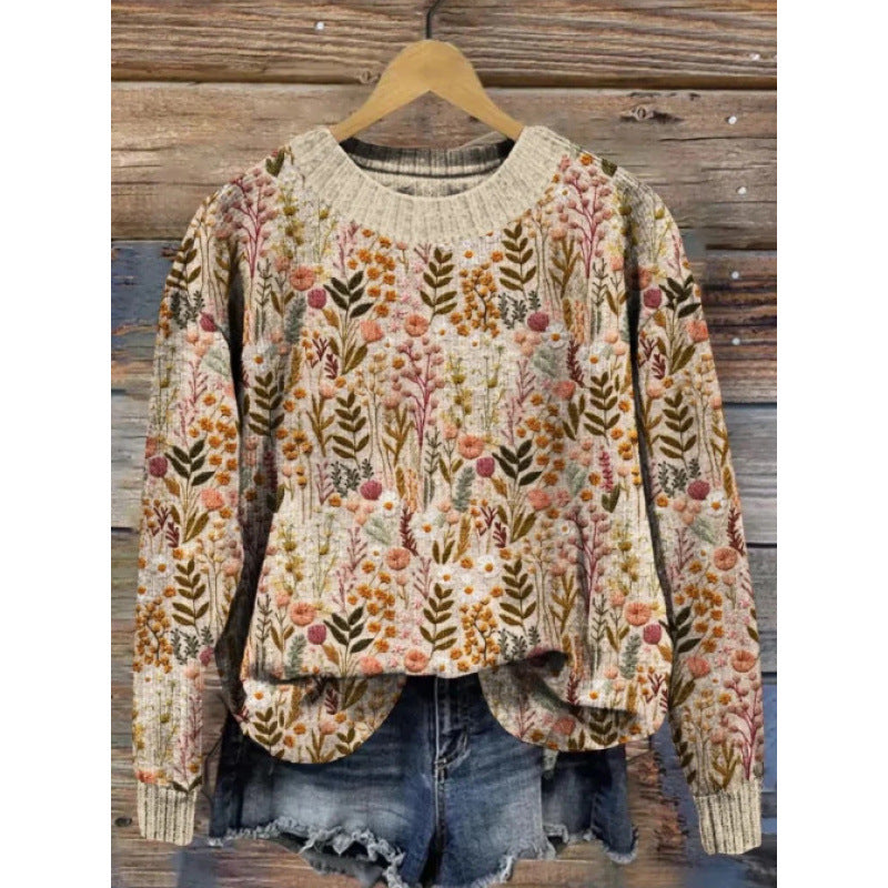 Women's Abstract Print Drop-Shoulder Casual Pullover Sweater