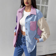 Commuting Style Linen-cotton Color Block Loose Fashionable Long Sleeve Shirt