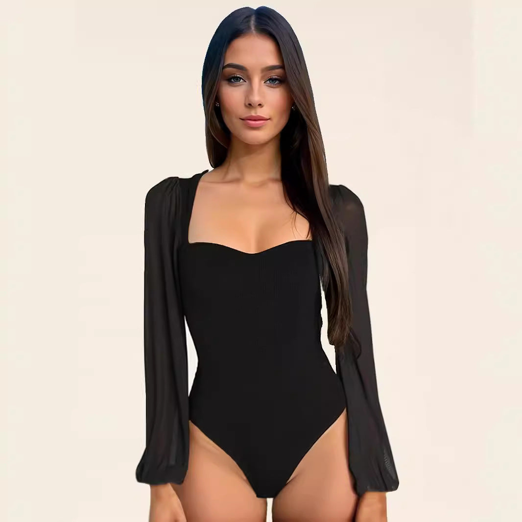 Sexy Fashionable Patchwork Mesh Lantern-Sleeve Jumpsuit For Women