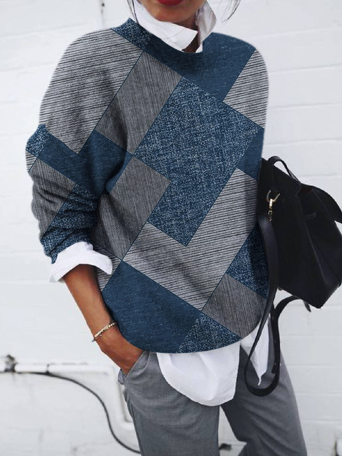 Ladies Fashion Brushed Geometric Print Loose Long Sleeve Hoodie