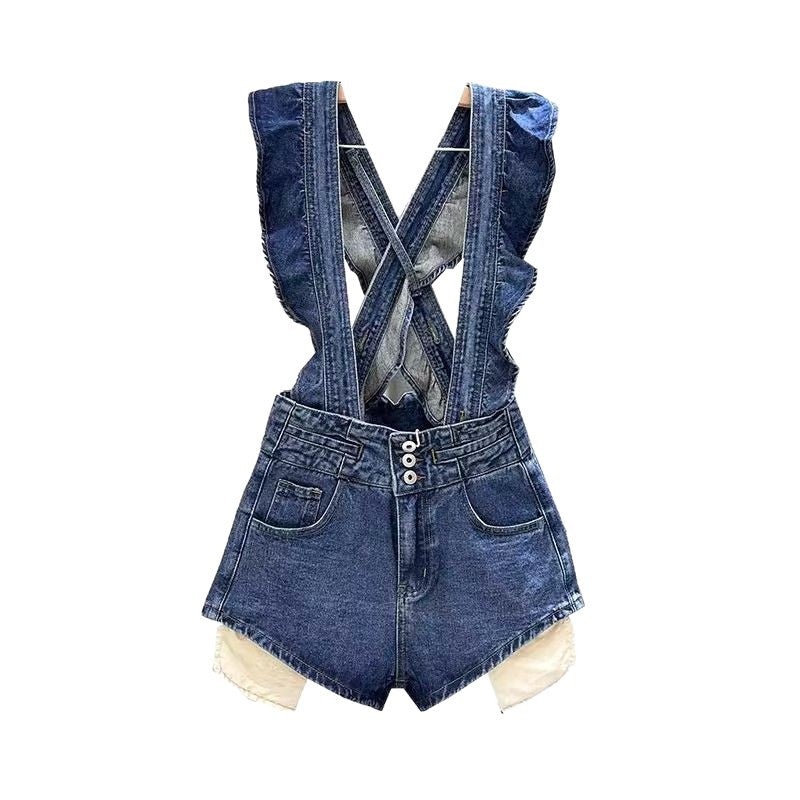 Women's Blue Denim Suspender Shorts Casual Romper