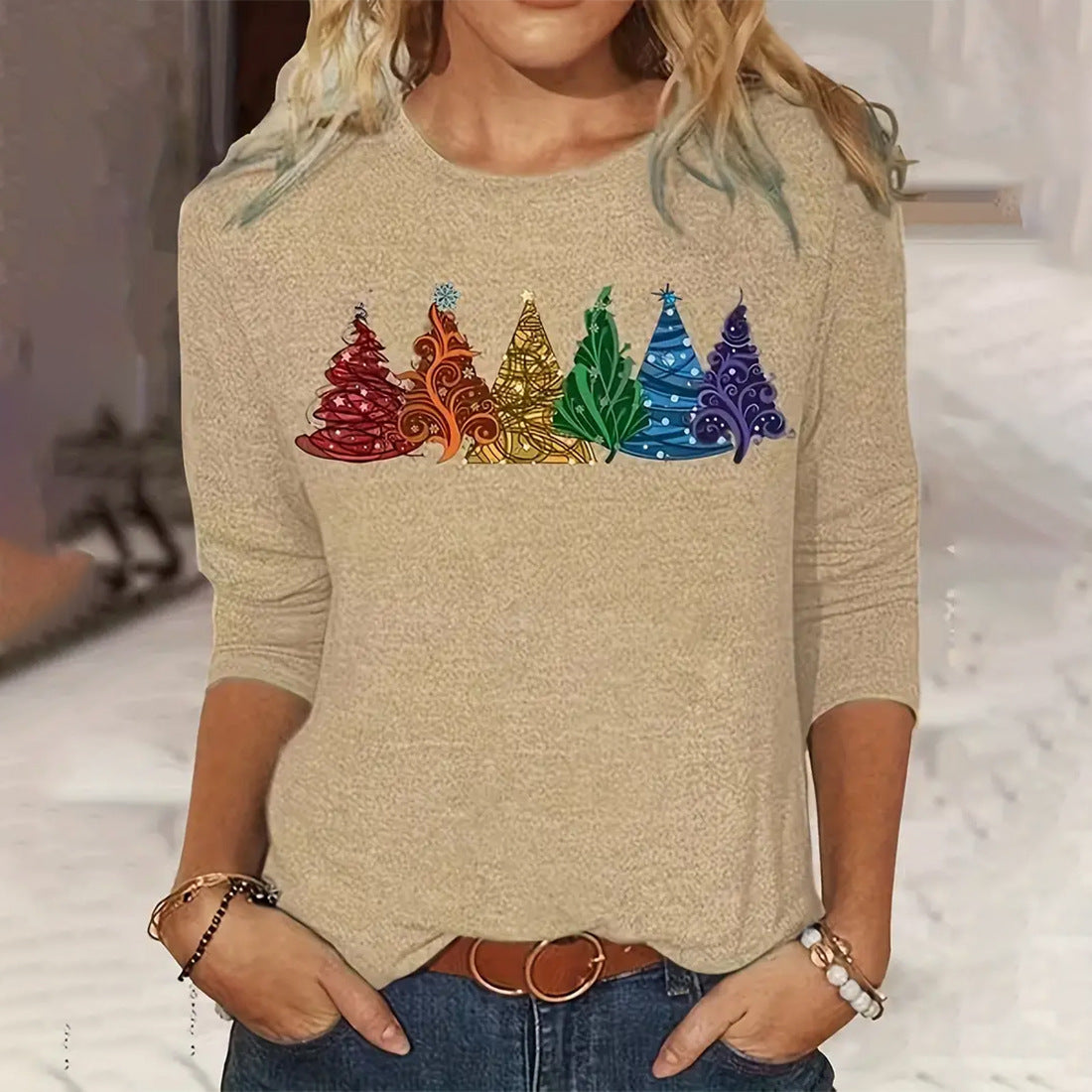 Festive Christmas Tree Print Long-Sleeve Casual Tee