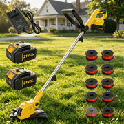 12-Inch Yellow Cordless String Trimmer Grass Trimmer 90 Degree Rotatable Head Auto Line Feed System Includes 10 Replacement Spools with Auto Line Feed for Lawn 2 X 2.0/4.0Ah Battery