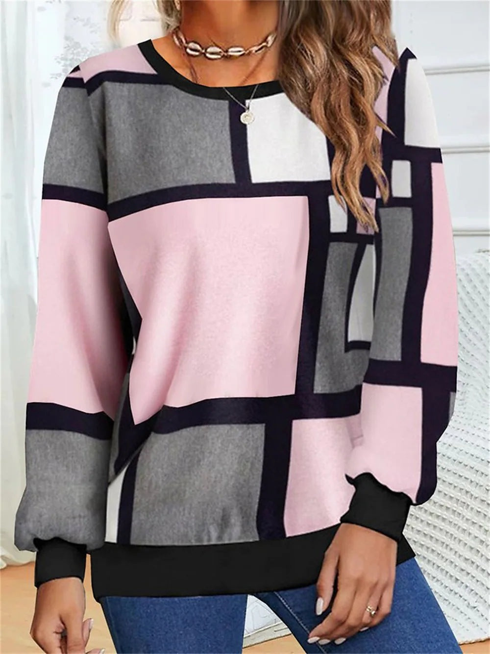Geometric 3D Print Loose Long Sleeve Sweater