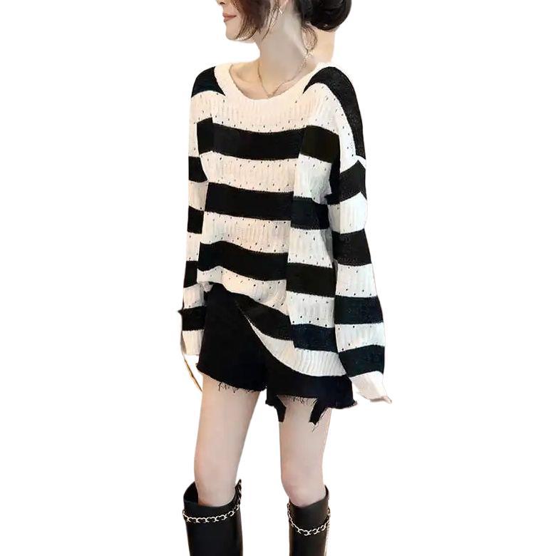 Lightweight Figure-flattering Striped Sweater for Plus-size Women This Summer