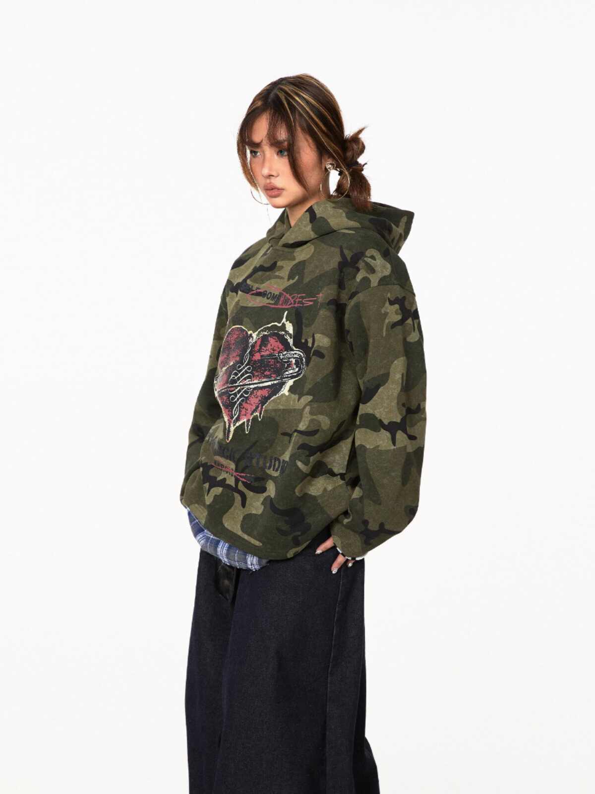 Retro Love Camouflage Hoodie Loose Pullover Top