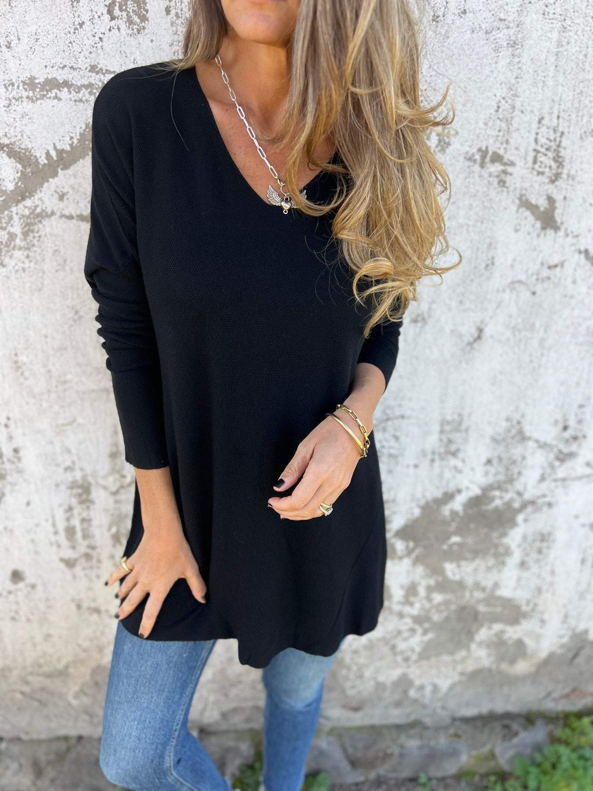 Solid Color V-neck Knitted Sweater Loose Top Women's Clothing
