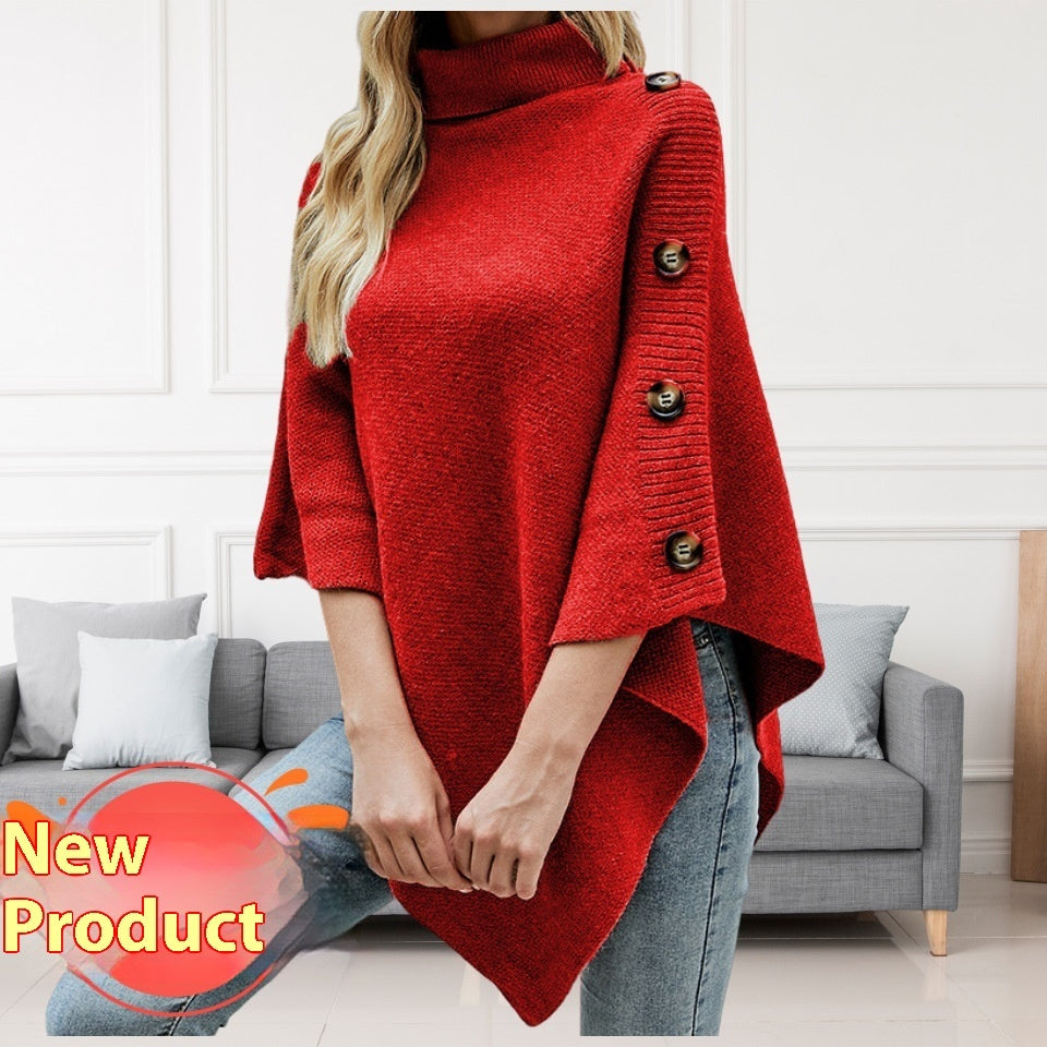 Autumn and Winter New Solid Color Turtleneck Shawl Cape Slit Knit Sweater