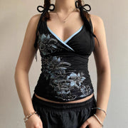 Edgy Dark-Style Printed V-Neck Chic Blouse For Women