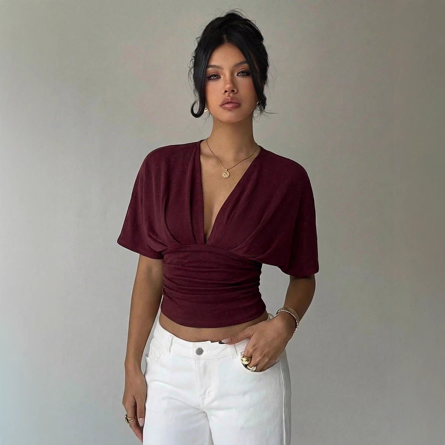 Deep-V Neck T-Shirt for Women - Chic & Sassy Style