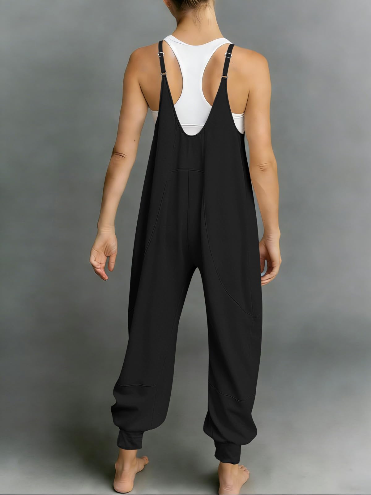Fisoew Jumpsuits For Women Summer Casual Overalls Spaghetti Strap Sleeveless Pleated Rompers Jumpers With Pockets