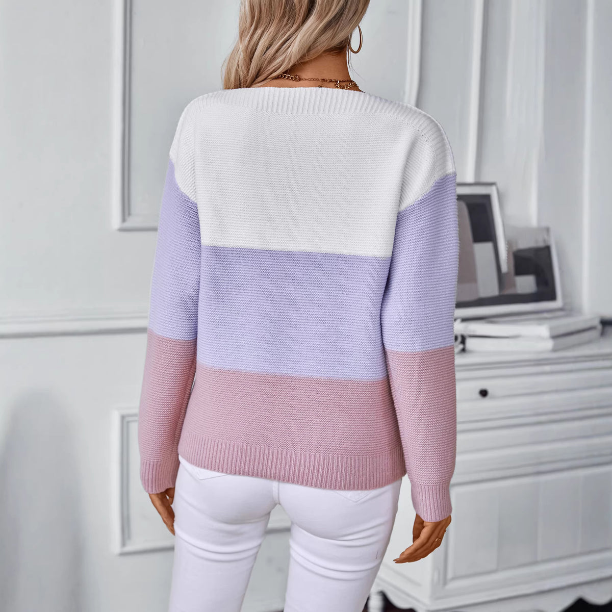 Color-block Boat-neck Pullover Knit