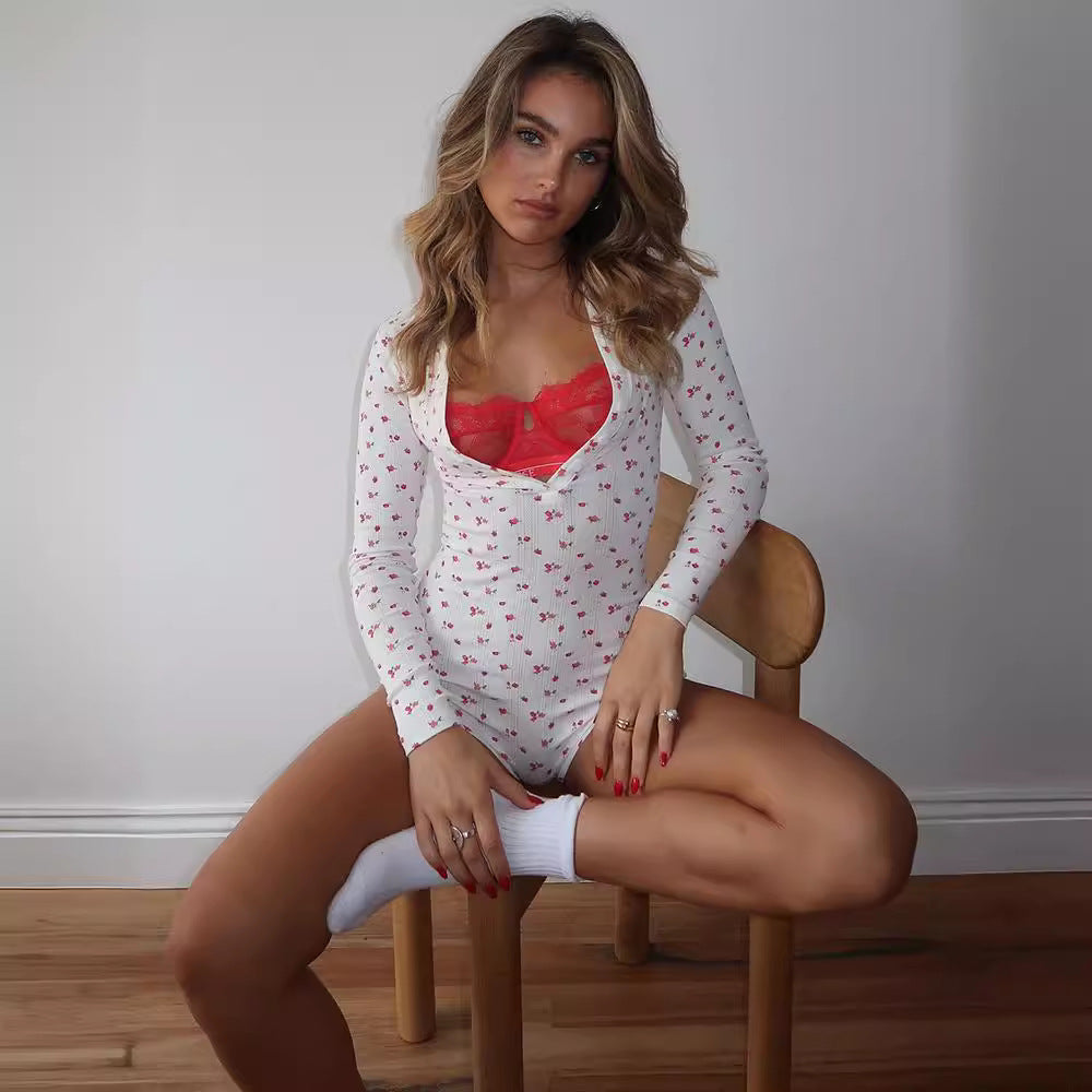 Floral Print Long-Sleeve Casual Jumpsuit