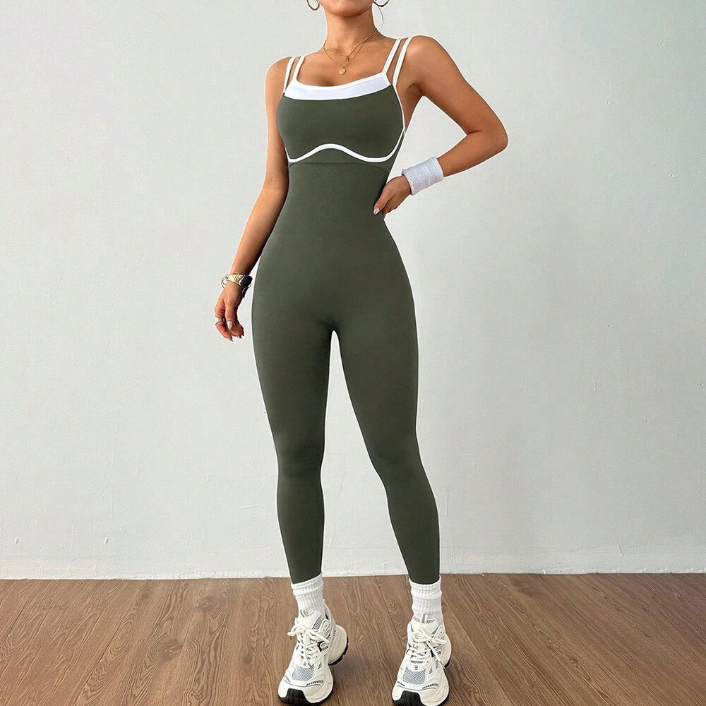 Fashionable Halter-neck Bodycon Color-block Jumpsuit