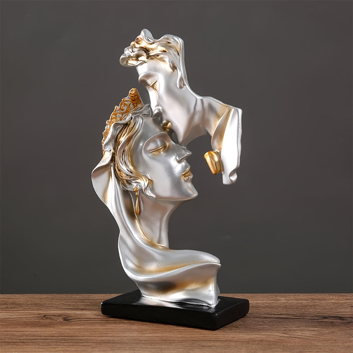 Golden-Tone Resin Love Sculpture - Elegant Intricate Kissing Couple Figurine with Black Base - Perfect for Home & Office Desk Decor, Ideal Valentine's Day Gift, Versatile Indoor/Outdoor Use…