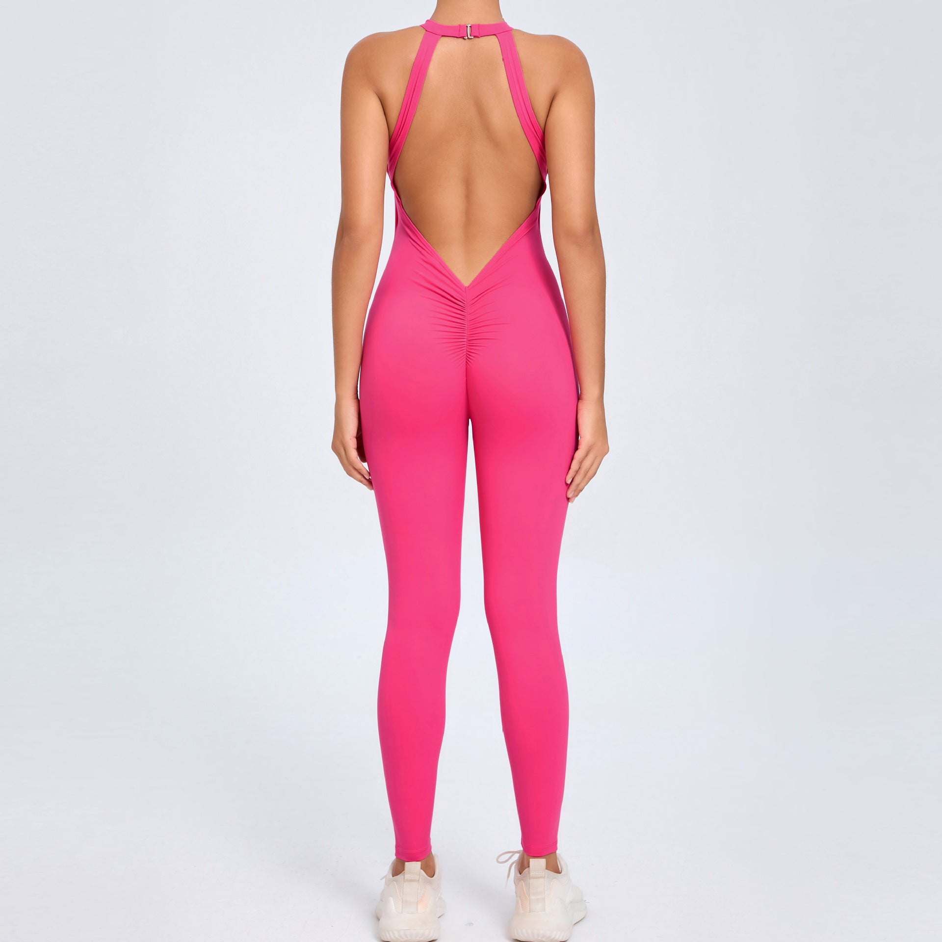 Womens Back-Clasp Yoga Bodysuit With Peach-Hip Design And Open Back