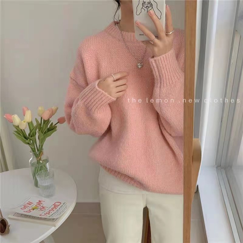 Solid-color Knitted Pullover Sweater for Women Korean Style Autumn Winter