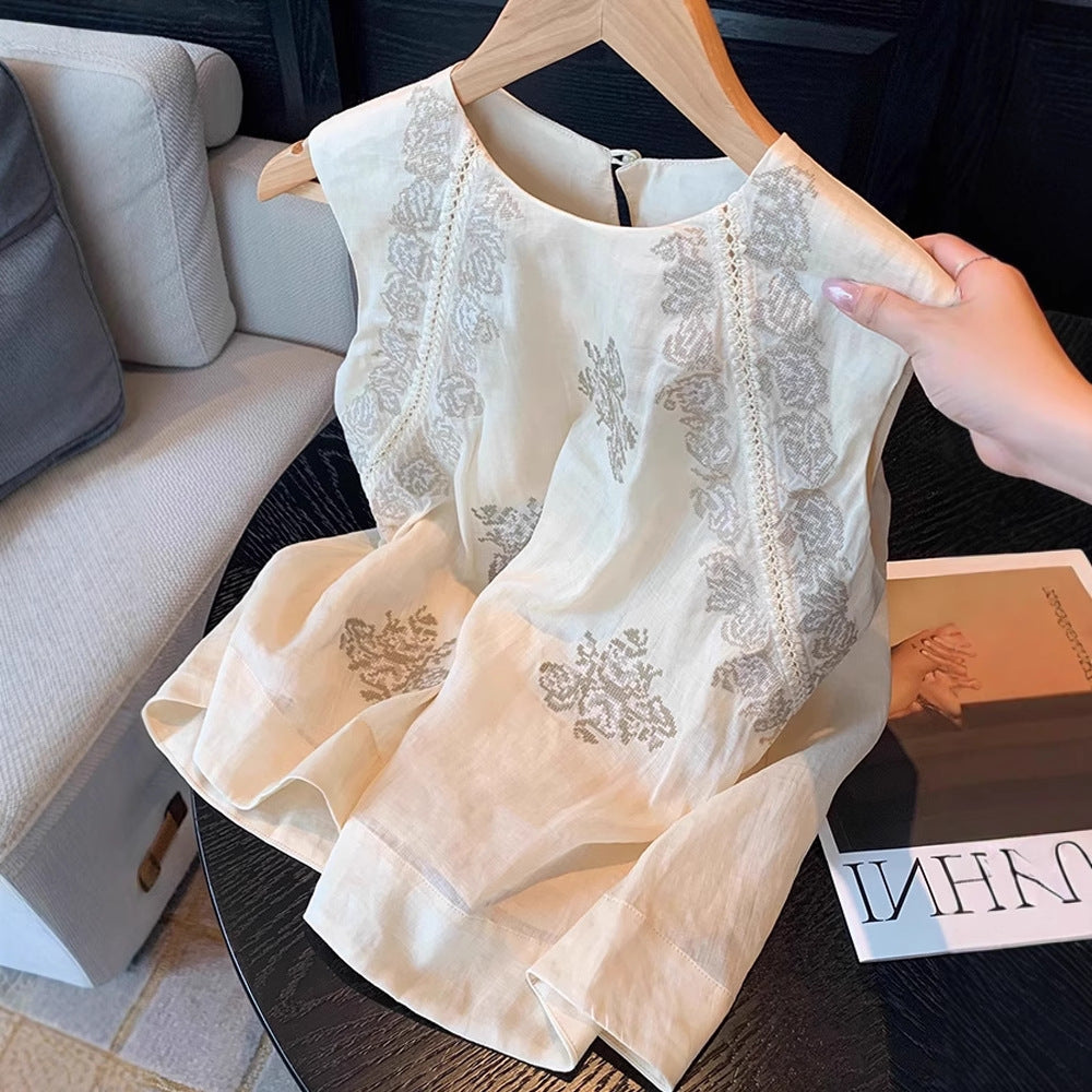 Retro Floral Linen Vest – Sleeveless, Breathable, Effortless Style