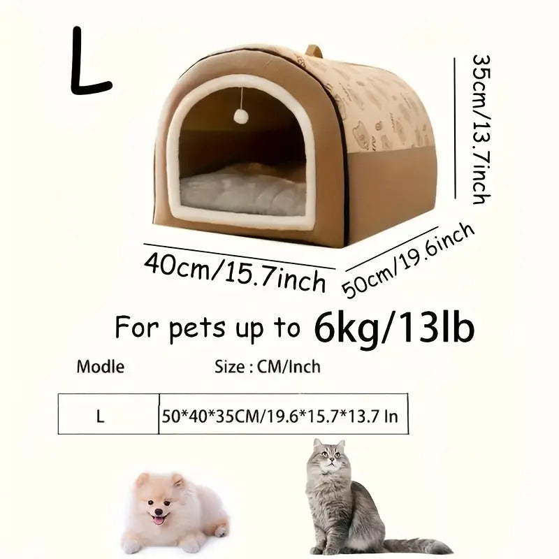 2-in-1 for cat & Dog House with Interactive Ball - Portable Pet Cave Bed & Hut, Top Handle for Easy Move, Soft Interior, Durable Construction