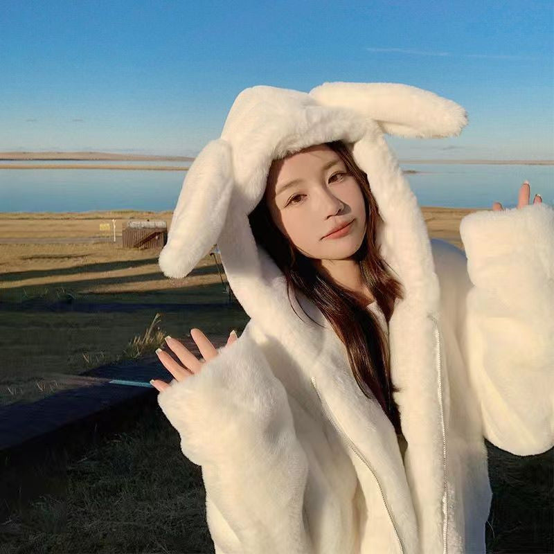 Plush Fleece Rabbit Ear Zip Hoodie for Women