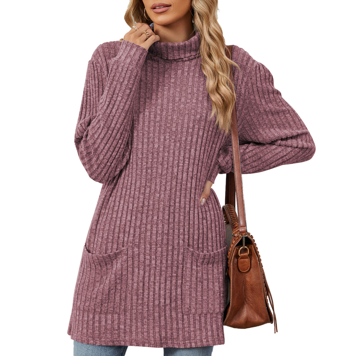 Mock-neck Long-sleeve Casual Womens Top with Pockets