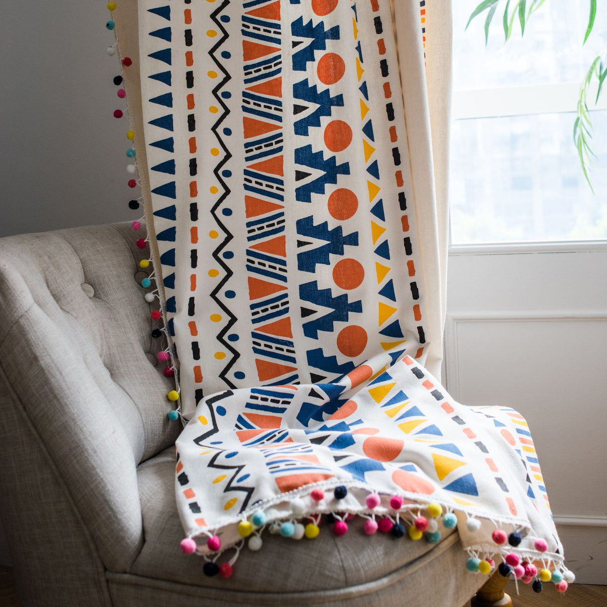 Curtain Cotton and Linen Printed Colorful Fur Ball Bohemian Style Country