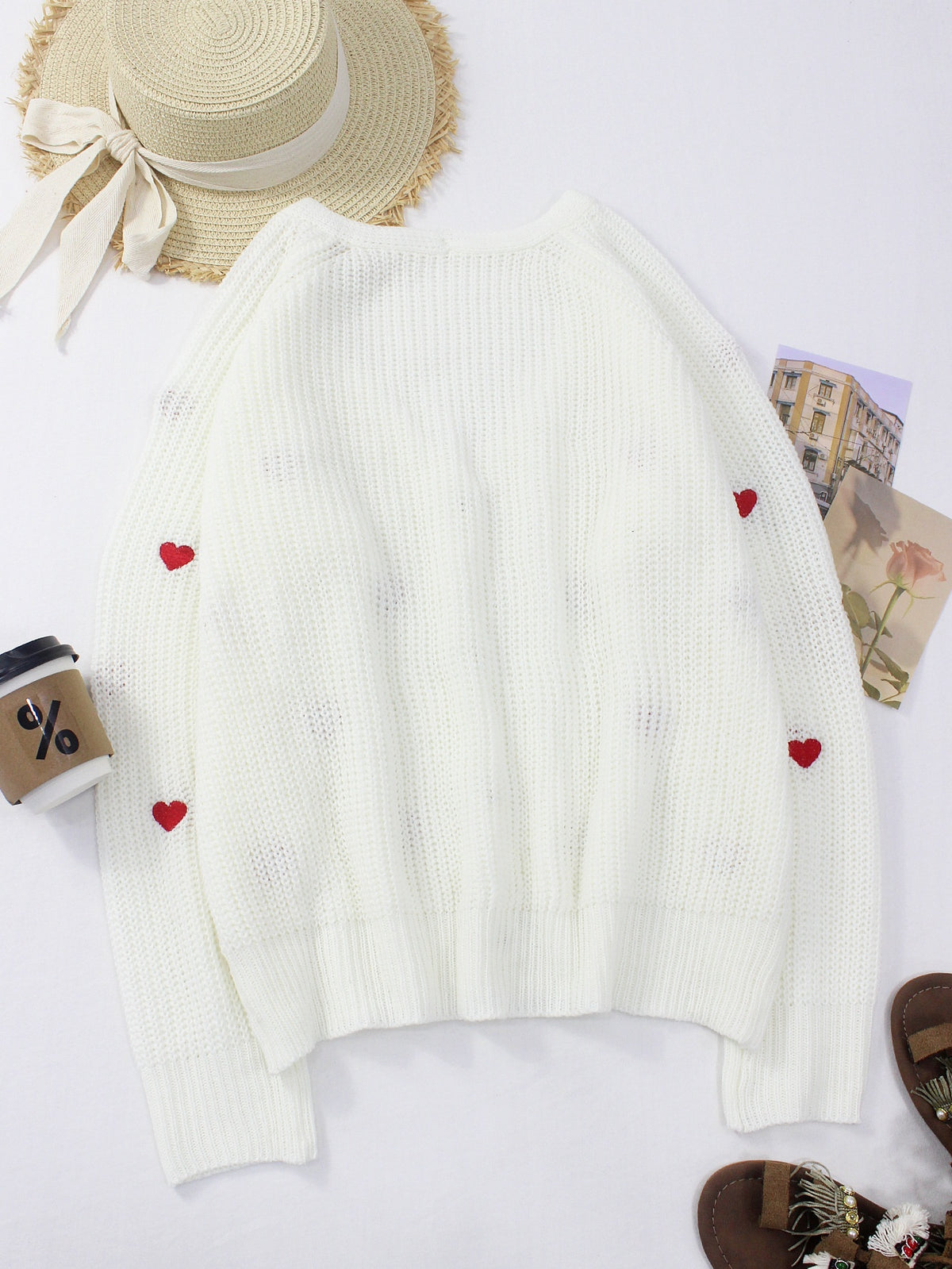 Heart-themed Embroidered Knit Single-breasted V-neck Sweater Coat