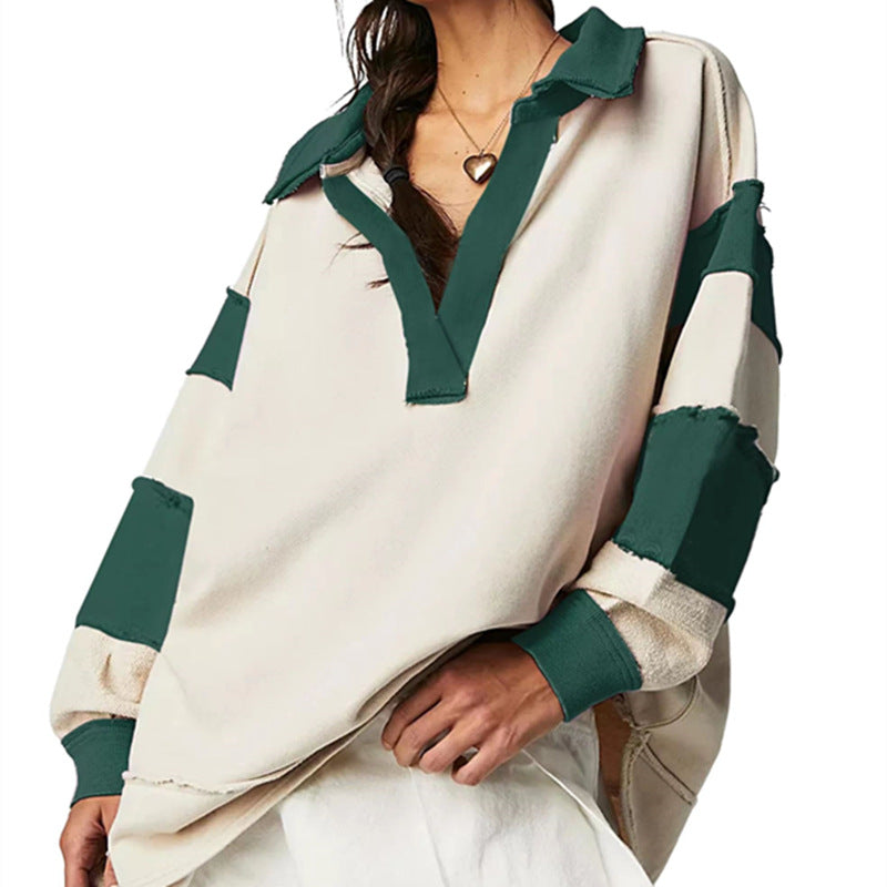 Chic V-Neck Colorblock Long Sleeve Split Hem Casual Sweater