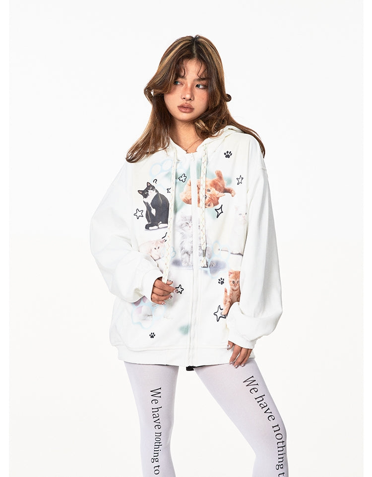 American Retro Cute Cat Hooded Sweater