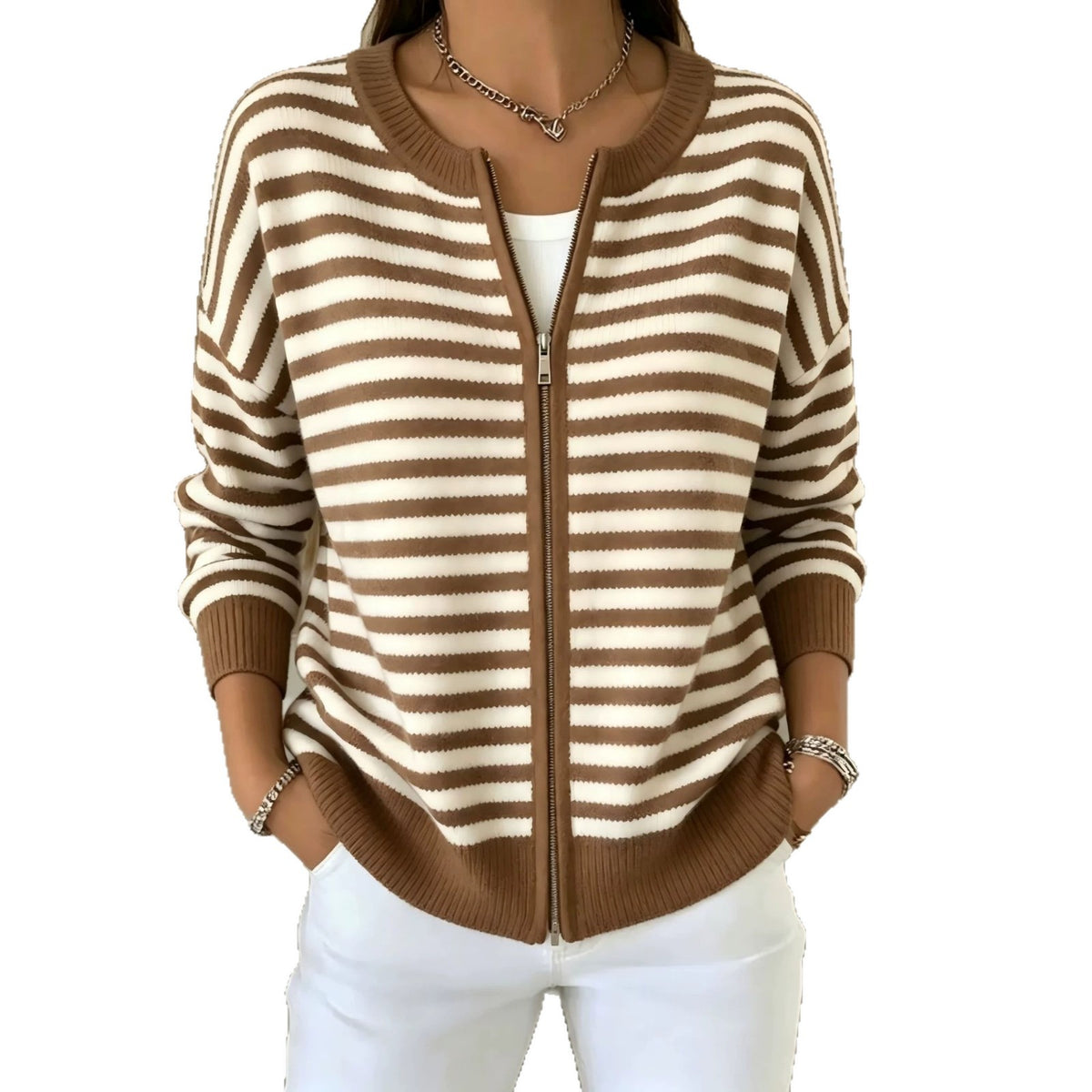 Womens Striped Knitted Cardigan with Zipper